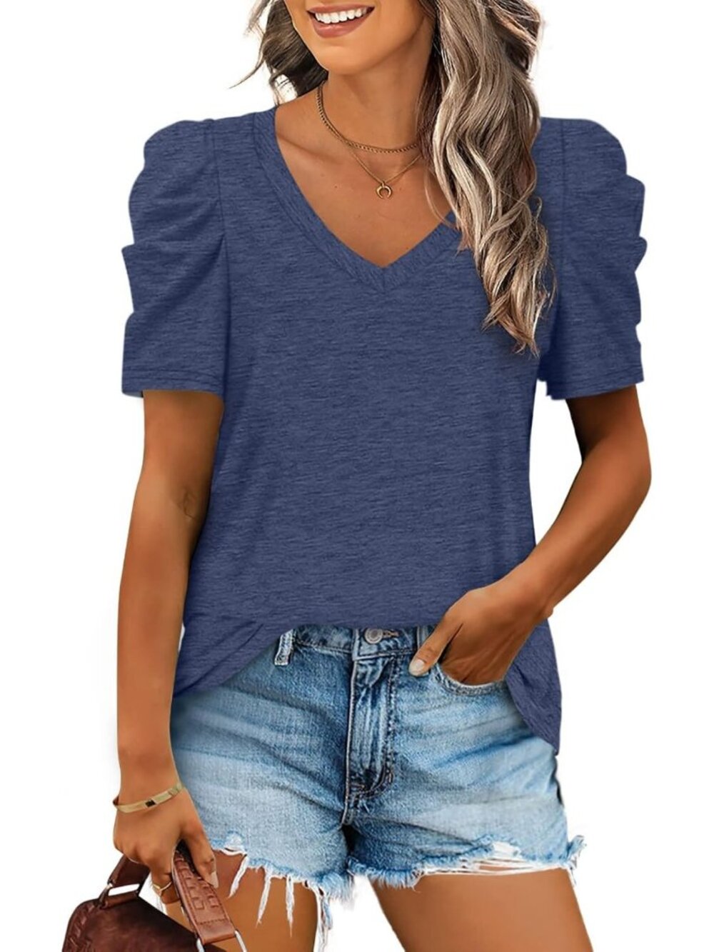 Women's Navy Polyester Blend Puff Sleeve V Neck Pull On Casual Henley Shirts